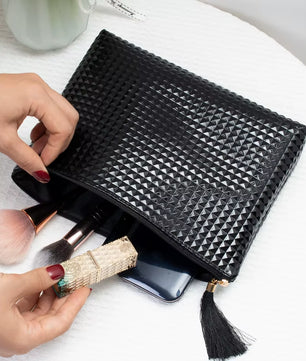 Diamond Pattern Black Leather Makeup Pouch with Tassel Zipper - Large Capacity