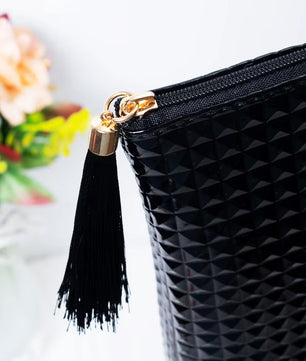 Diamond Pattern Black Leather Makeup Pouch with Tassel Zipper - Large Capacity