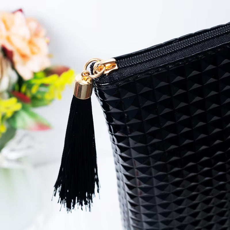 Diamond Pattern Black Leather Makeup Pouch with Tassel Zipper - Large Capacity