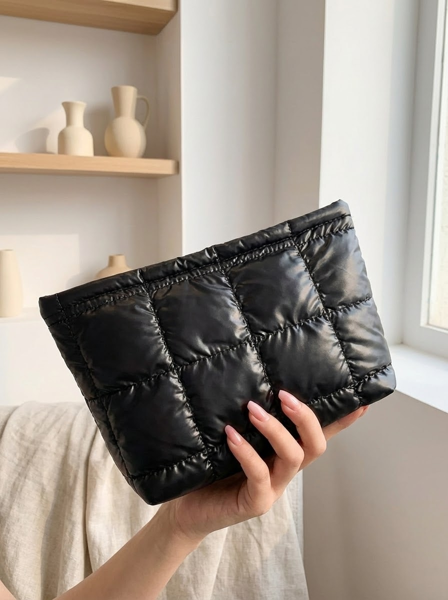 Estuche de maquillaje acolchado NOREA: suave, elegante y esencial para el día a día.