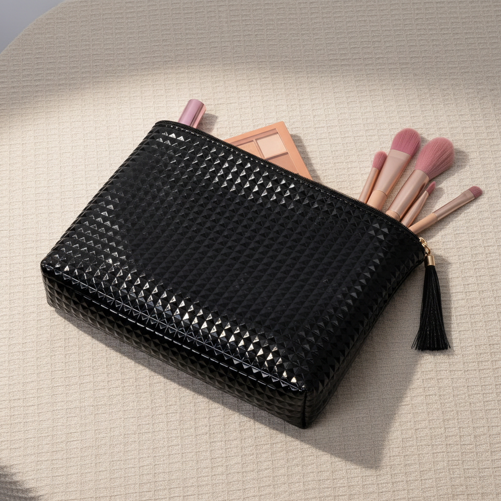 Estuche de maquillaje acolchado NOREA – Elegante negro con cremallera y borla